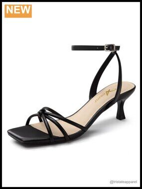 Square Toe Strappy Kitten Heel Sandals Adjustable Ankle Strap